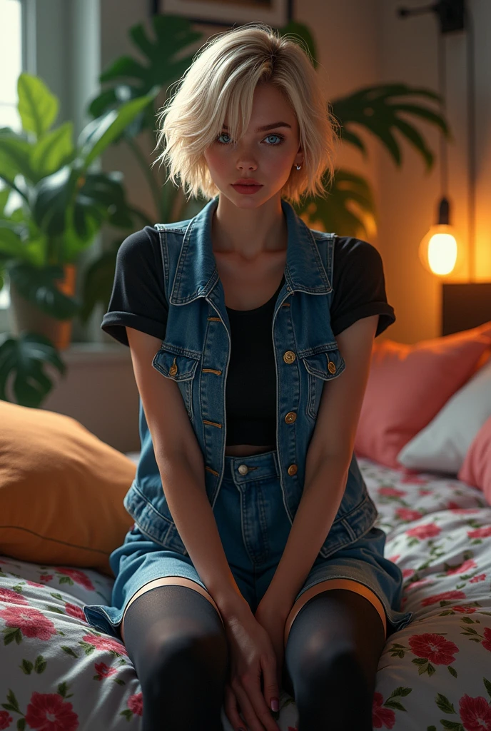 1 girl, (alone:1.2), (look at viewer:1.5), (Interesting poses:1.2), (dynamic gesture:1.2), (wears a:1.3) To Bartholomew, Shading Expert, low contrast, clean straight lines, (Masterpiece:1.3), (best quality:1.3), (perfect anatomy:1.4), Highly detailed, Android 18, earring, Denim, belt, blonde hair, blue eyes, short hair, decorations, (Denim vest:1.2), open vest, black stockings, black shirt, Denim skirt, (White striped long sleeve), blue skirt, big breasts, (Comfy bedroom:1.5), (warm light:1.3), (Lots of pillows:1.2), A little busy, inside, at night, (Large house plants:1.3), Colorful bed sheets, Single bed, curtain,