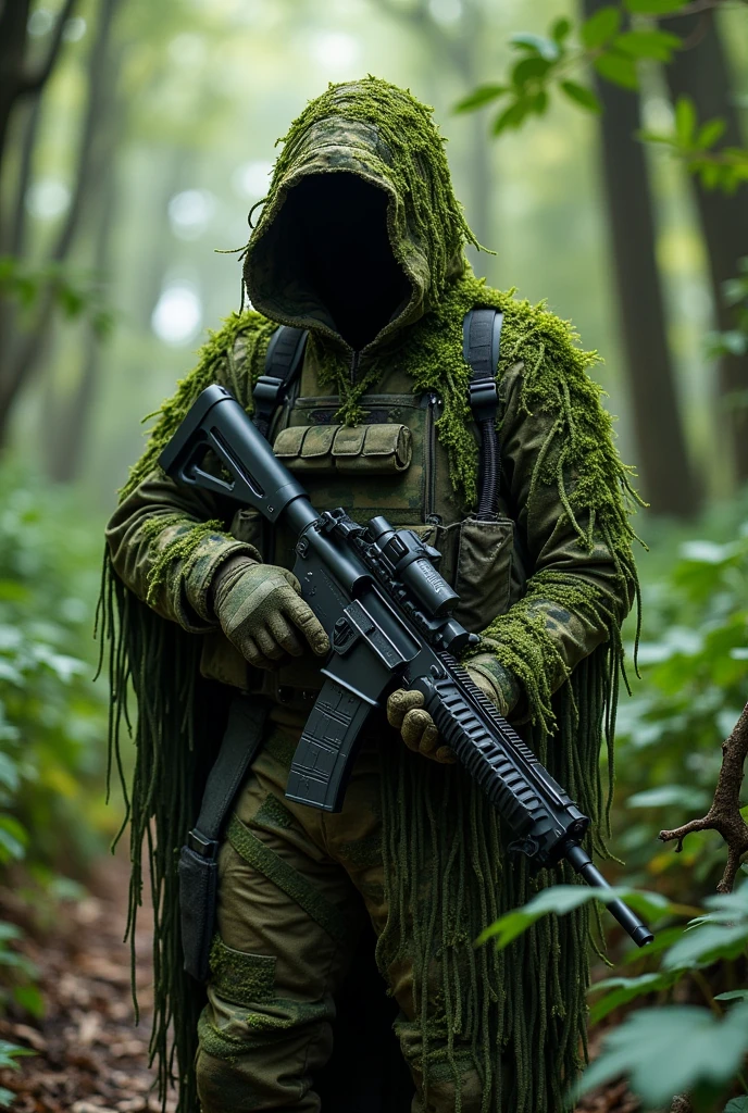 Overly designed for perfect forest camoflauging dystopian military poncho and gear and ghillie