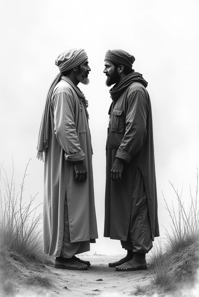 Black and white style, old pencil, Two Muslim brothers met after the war, Muslim