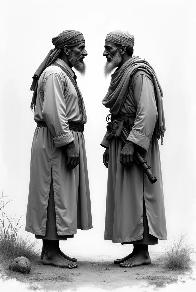Black and white style, old pencil, Two Muslim brothers met after the war, Muslim