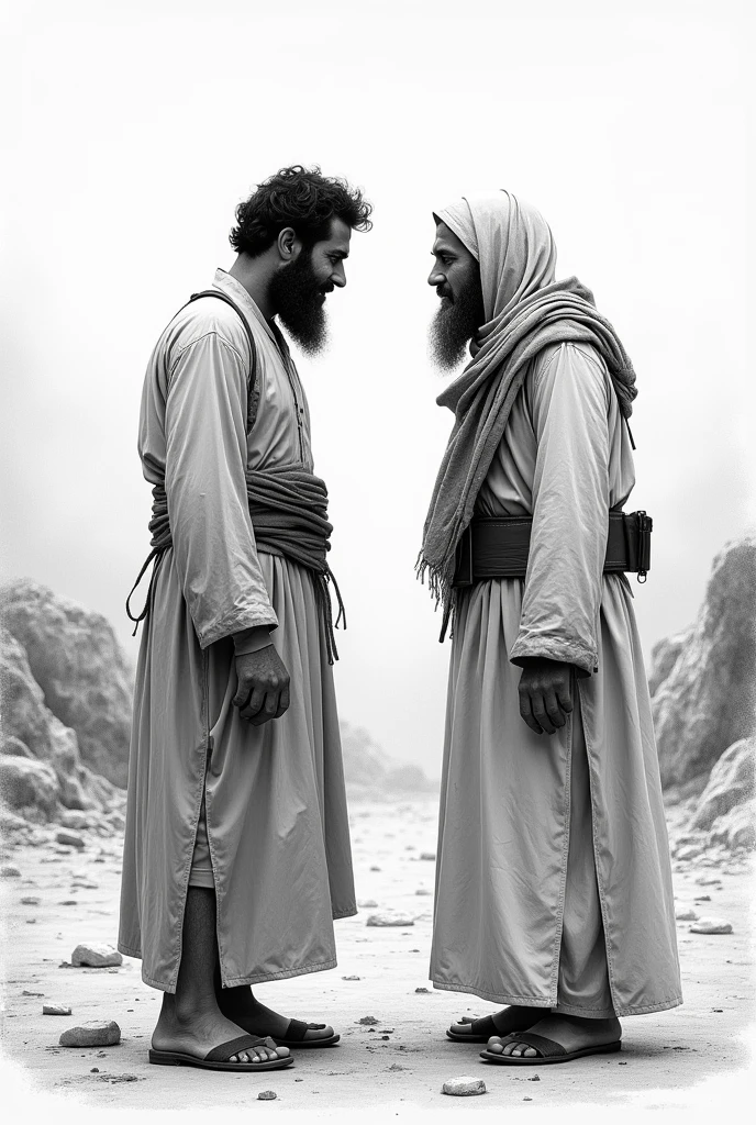 Black and white style, old pencil, Two Muslim brothers met after the war, Muslim