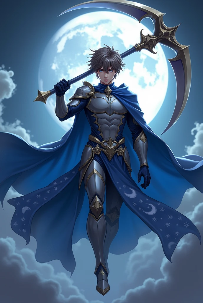 A Handsome Boy Age 17 Wear a silver Armor Sixpack,use A Long Blue Robe with Star and Moon Pattern,Messy Hair Hairstyle,Brown gradient Grey Hair,Carrying a Big Death Scythe,Flying at The sky,Illuminated by the moonlight at night,And surrounded by nighttime fog