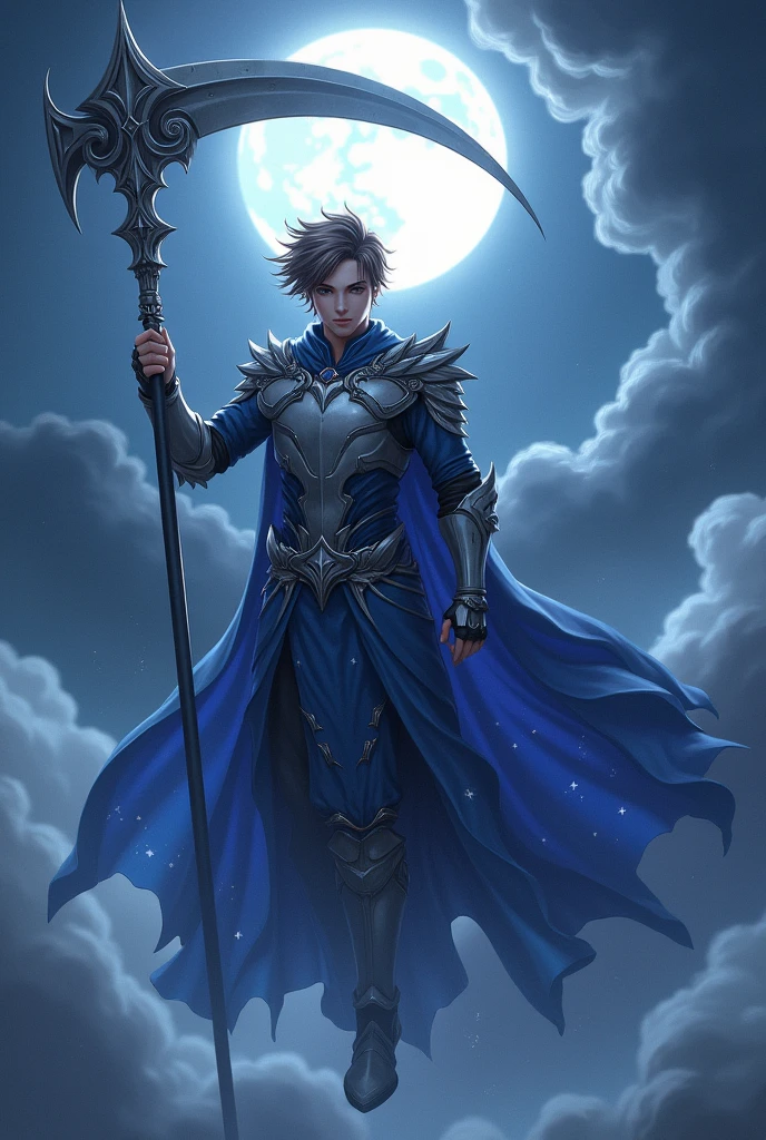 A Handsome Boy Age 17 Wear a silver Armor Sixpack,use A Long Blue Robe with Star and Moon Pattern,Messy Hair Hairstyle,Brown gradient Grey Hair,Carrying a Big Death Scythe,Flying at The sky,Illuminated by the moonlight at night,And surrounded by nighttime fog