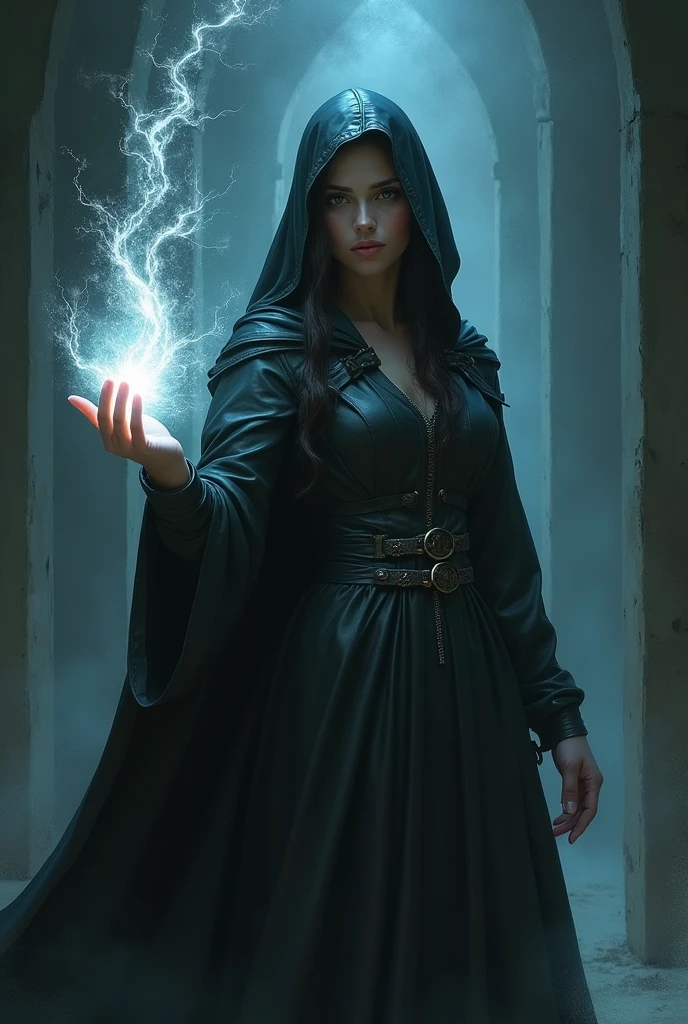 A Woman with a light in her hand and dark energy and has a cloak and dress made of leather