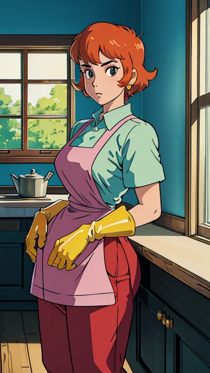 (1girl, dextersmom), (extremely detailed CG unit 8k wallpaper),(master part), (best quality), (ultra detail), (best illustration),(ghibli style), cowboy shot, (Sharp eyeliner, ombre, detail eyes:1), indoors, kitchen, window , break , (GHIBLI_Background), upper body, gloves, apron, jewelry, pants, shirt, 