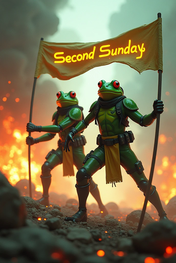 Landscape image, hd, Cyberpunk Ingress enlightened green frog agents, explosion background, pose, holding long streamer without handle that says SECOND SUNDAY