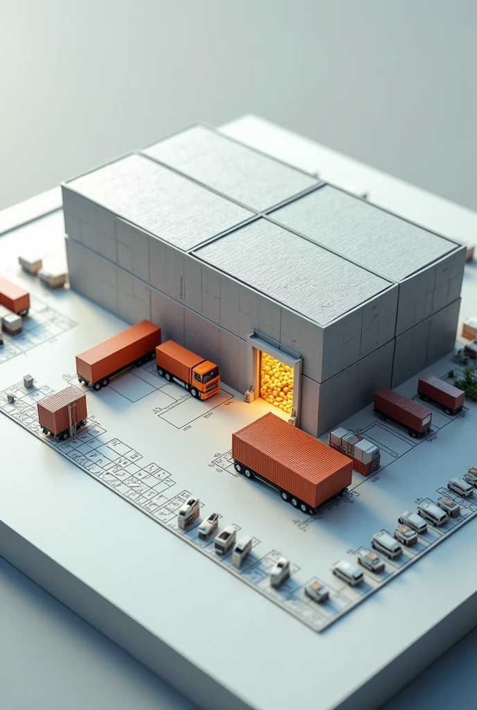 Model of a warehouse with an exterior view from above that has a reception door to the south and a dispatch door to the west. Type of dynamic storage system with exterior space for a yard of about 15 containers and an area of 30 exclusive parking spaces.