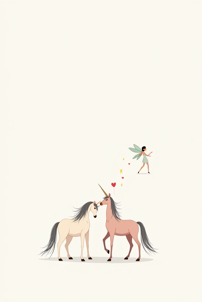 Design a set of elegant and minimalist birthday cards featuring simple yet enchanting unicorns and delicate fairies. Each card should have a clean, uncluttered design with soft pastel backgrounds. The unicorns should be stylized with smooth lines and subtle details, while the fairies are portrayed as delicate, almost ethereal figures with minimalistic wings and gentle poses. The cards should include sophisticated birthday messages in sleek, modern fonts, with the unicorns and fairies interacting in a subtle and graceful manner, such as a fairy lightly touching a unicorn’s horn, leaving a faint trail of sparkles