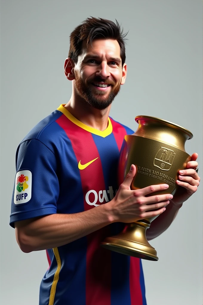 Lionel Messi model wearing Barcelona kit holding the UEFA Champions League trophy