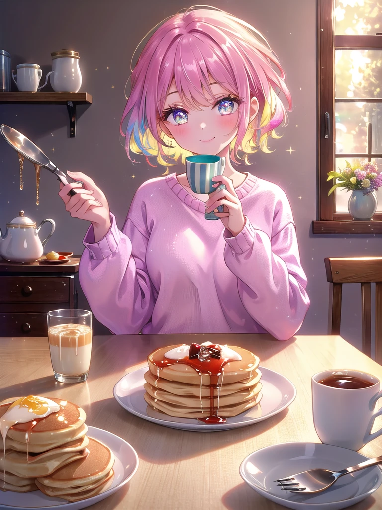 ((8k, Highest quality, masterpiece: 1.3)),Ultra-high resolution,(1 girl, alone), (Color changing eyes, Ultra-detailed, Expressive brilliance, Glitter, Glowing Eyes), Highly detailed eyes, Highly detailed face, Random Hair, ((pastel colour))Sunday Breakfast: At the dining table, the woman is sitting with a plate of pancakes in front of her, wearing a soft sweater and pajama pants. She’s pouring syrup with one hand while looking at the camera with a content smile, ready to enjoy a relaxing morning. The kitchen behind her is warm and inviting, with the smell of fresh coffee in the air.