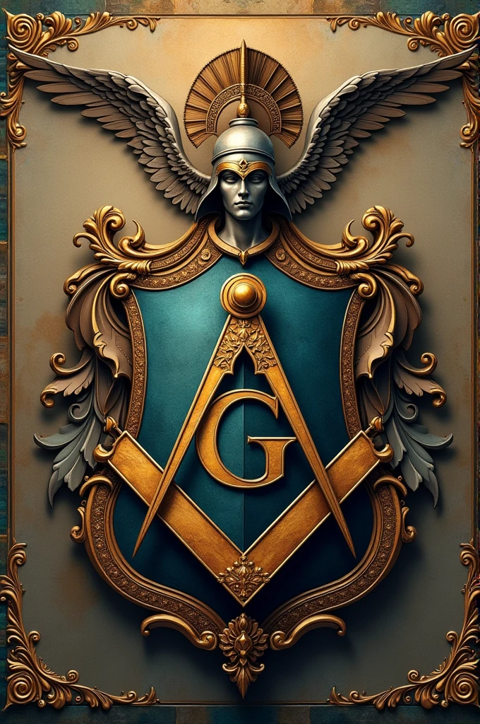 Create a coat of arms with the symbol of Freemasonry and the helmet of the Greek goddess Antenas
