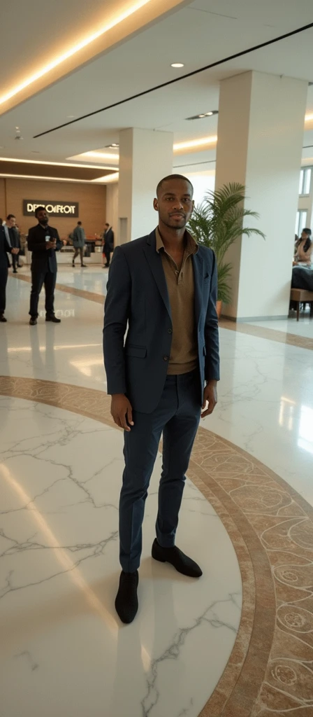 Use the given picture and put it in South Africa Airport reception indoor, do not change the face and the clothing just beautify them