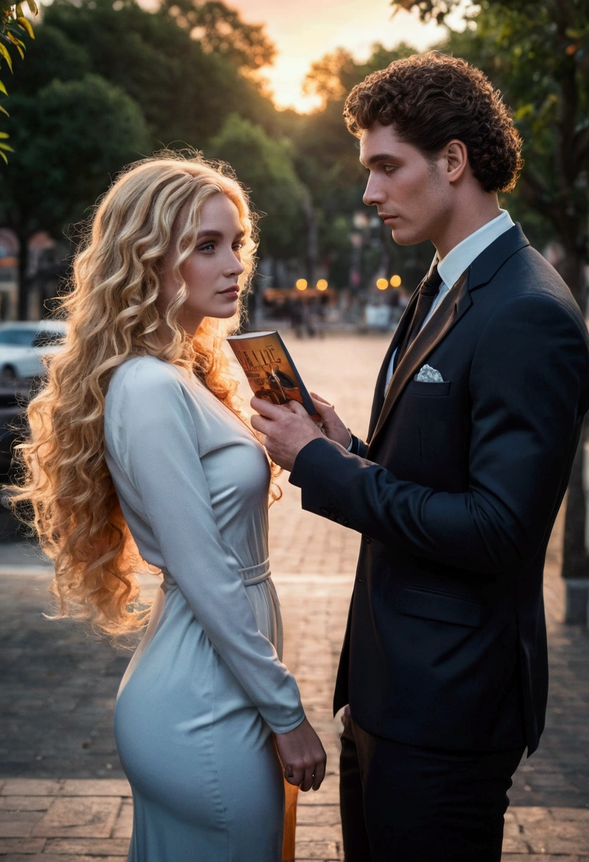 Create a book cover with a woman with long curly blonde hair in an 80s style dress and a good looking guy in a suit. They have to be in a square with an orange sunset in a very romantic atmosphere..