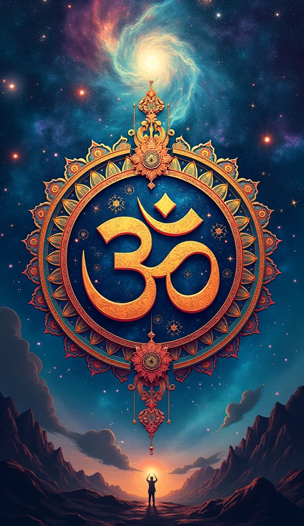 Aesthetic High definition 4k wallpaper based on colorful, detailed and elaborated illustrated ambigram of hindu om symbol in Indian style and circular mandala form with an astounding prolific extraterrestrial background