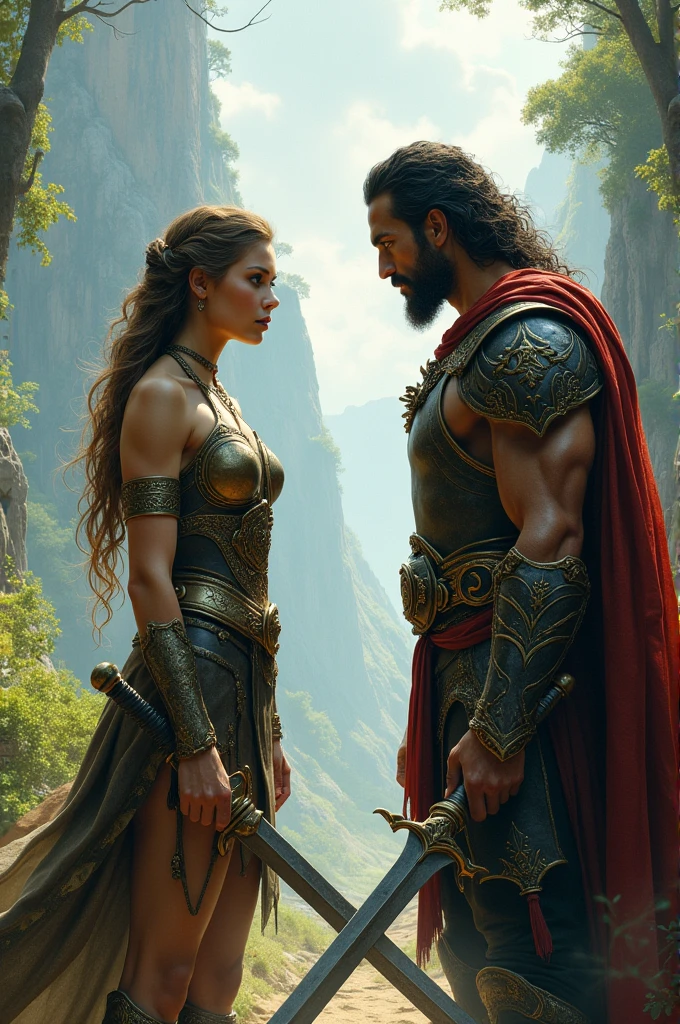 A fantasy woman warrior facing an olive skinned and dark haired male fantasy warrior