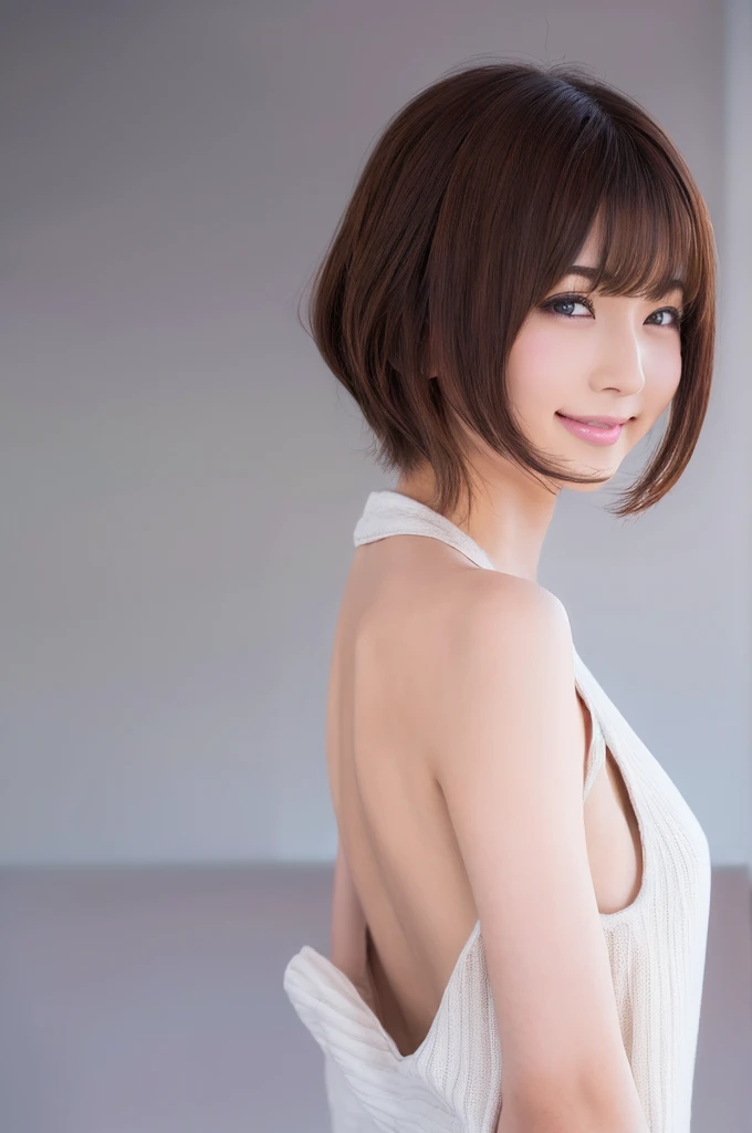 (Highest quality、4K、8k、High resolution、masterpiece:1.2)、Very detailed、(Genuine、Realistic、Realistic:1.3)、Japanese women、blonde、pixie cut、smile、Forward bending、Bend forward、Leaning forward、(Backless)High-neck sleeveless knit dress、(((side boob)))、Sideboob、Side bust、Side bustを強調、Put your arms behind your head、(((from side)))