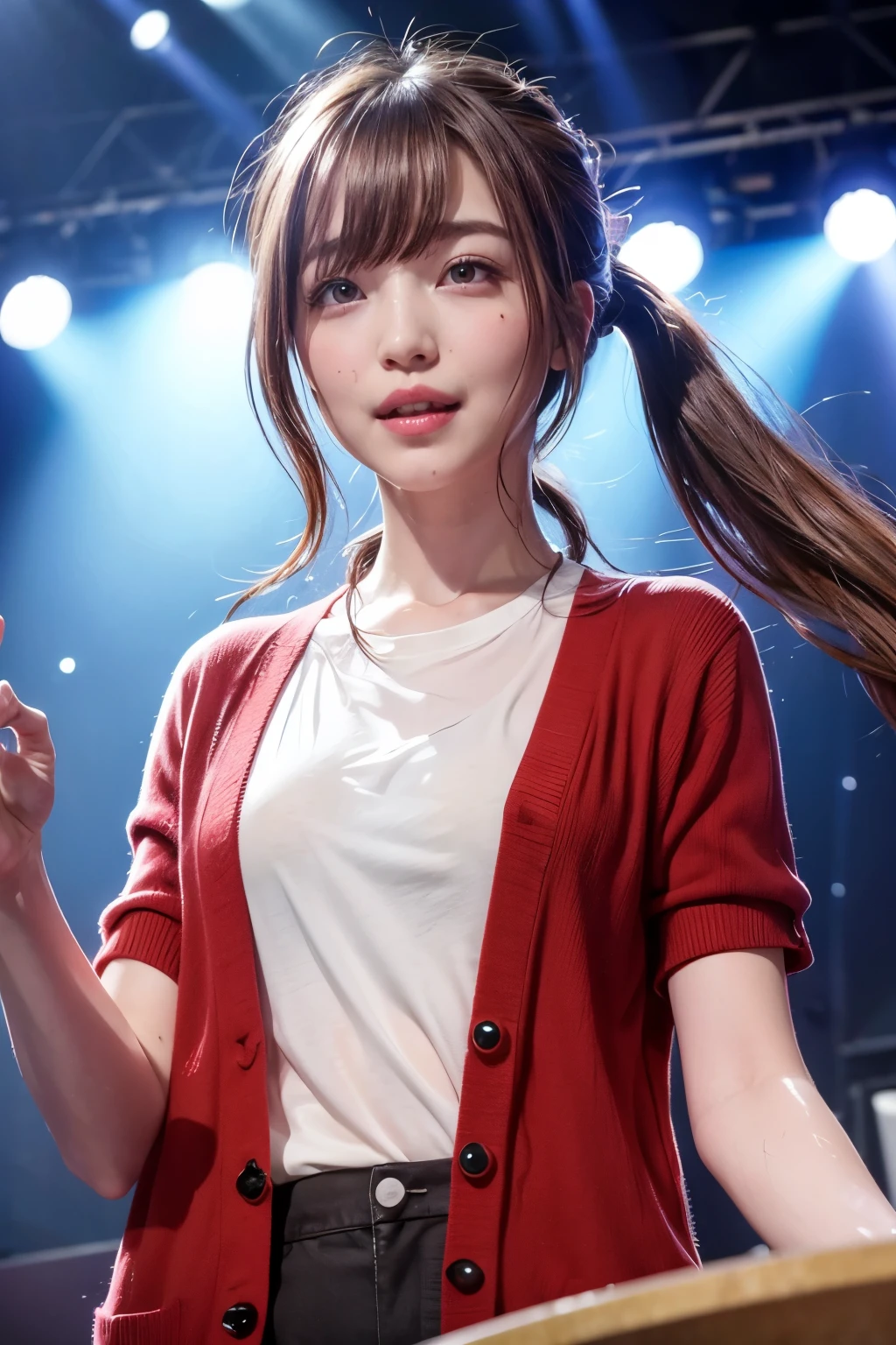 realistic, a drummer, rock band, playing red drums with drumsticks, on the stage of the concert, brightly lit by spotlights on the stage, extremely bright lighting, wearing red cardigan and white shirt, mediuam-length light brown hair, pony-tails hairstyle, hair is blowing in the wind, hair is shaggy and dishevelled, beautiful white-colored translucent skin, sweat splashes, glamorous figure, full breasts, little or no skin exposed, natural makeup, small nose, smooth shaped jawline, glossy face, heavy flushed cheeks, big smile