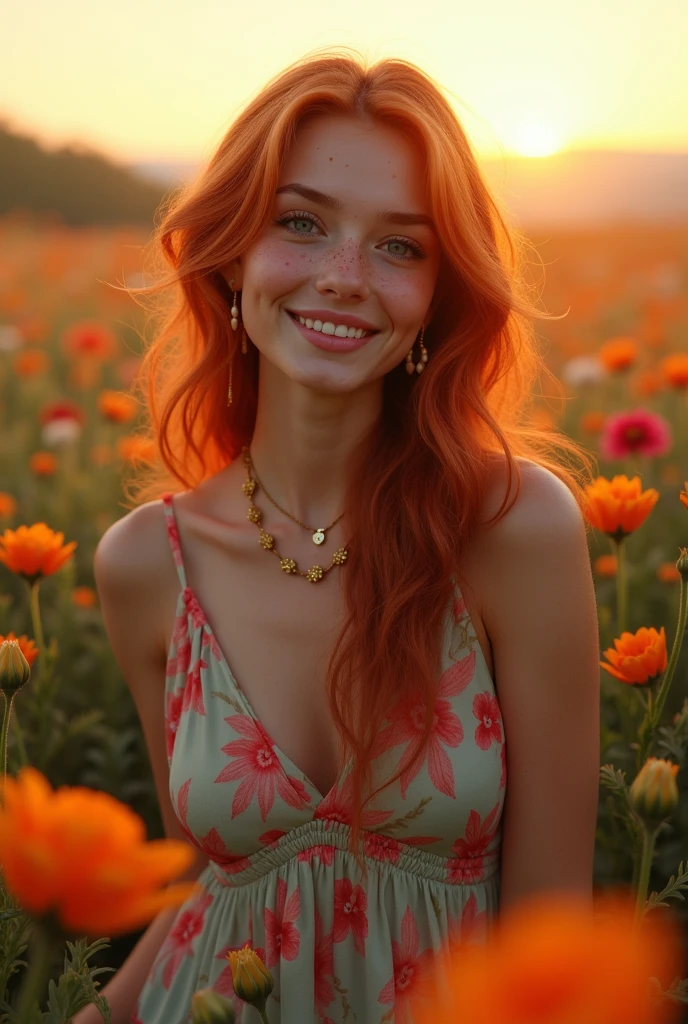 white with some freckles,long wavy red hair, with bangs, dark blue eyes with long eyelashes, Grinning, body skinny, with long dress, wearing black heels, wearing a gold bracelet, with a golden flower necklace, in a field of flowers at sunset