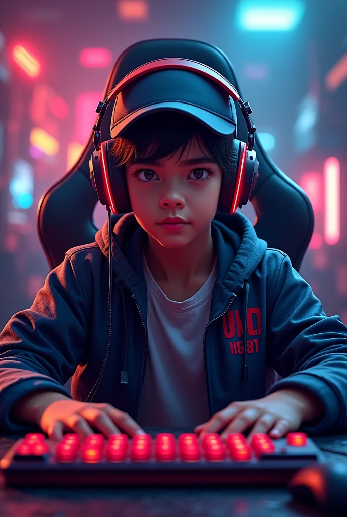 A youtube logo named "ARUNAKANTI GAMING" , a very smart young fighter with hat and nice game like cloths, some mix colored background, some kinds of weapon used in gameplay, half body , with gaming headphones, seated in a gaming chair, waring colord jacket , in front of gaming desktop