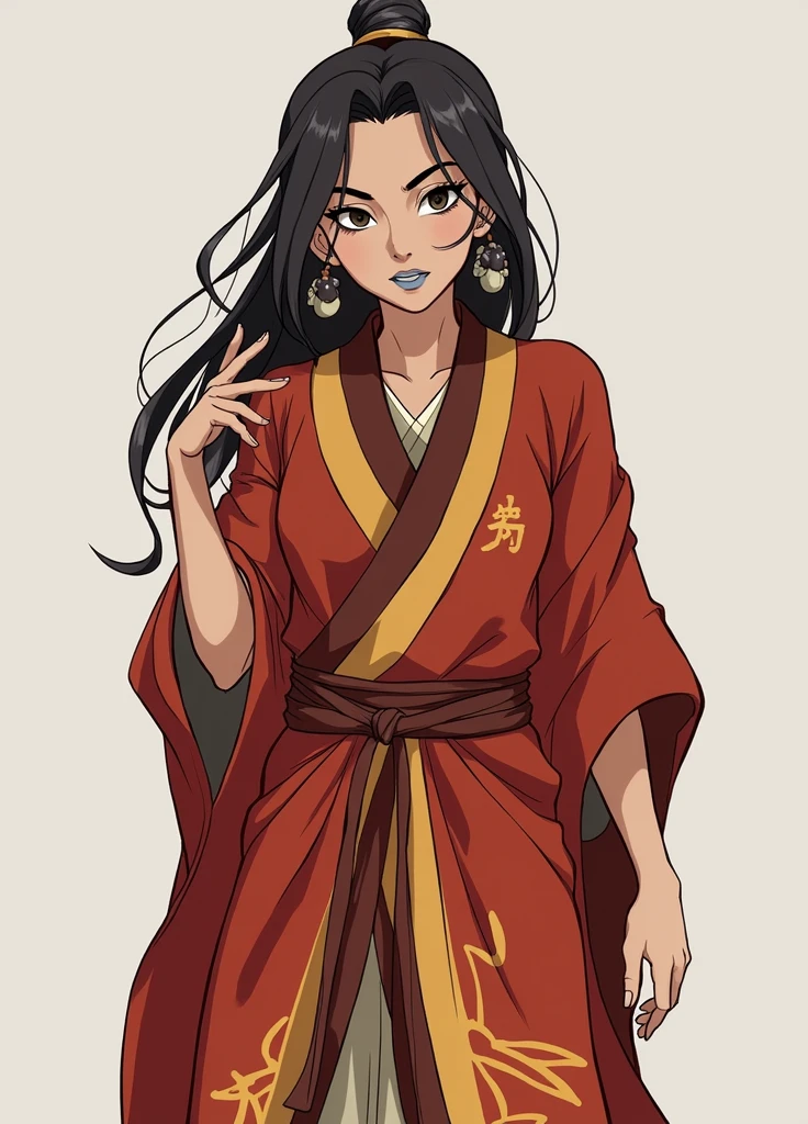 Avatar Korra from "the legend of korra", wearing an air nomad&#39;s robe, using black eyeliner around the eyes, light blue lipstick on the lips, hair tied in a bun with a black stone flower pretending to be the hairstyle. 2d image