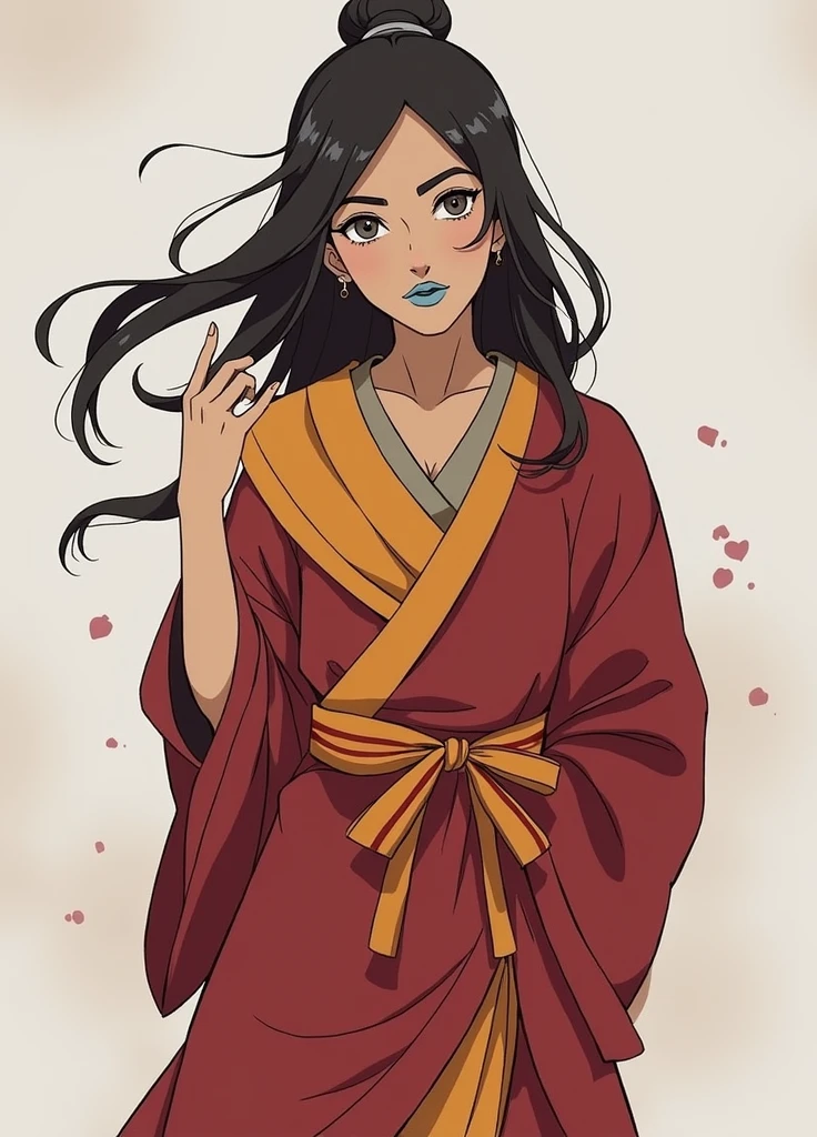 Avatar Korra from "the legend of korra", wearing an air nomad's robe, using black eyeliner around the eyes, light blue lipstick on the lips, hair tied in a bun with a black stone flower pretending to be the hairstyle. 2d image