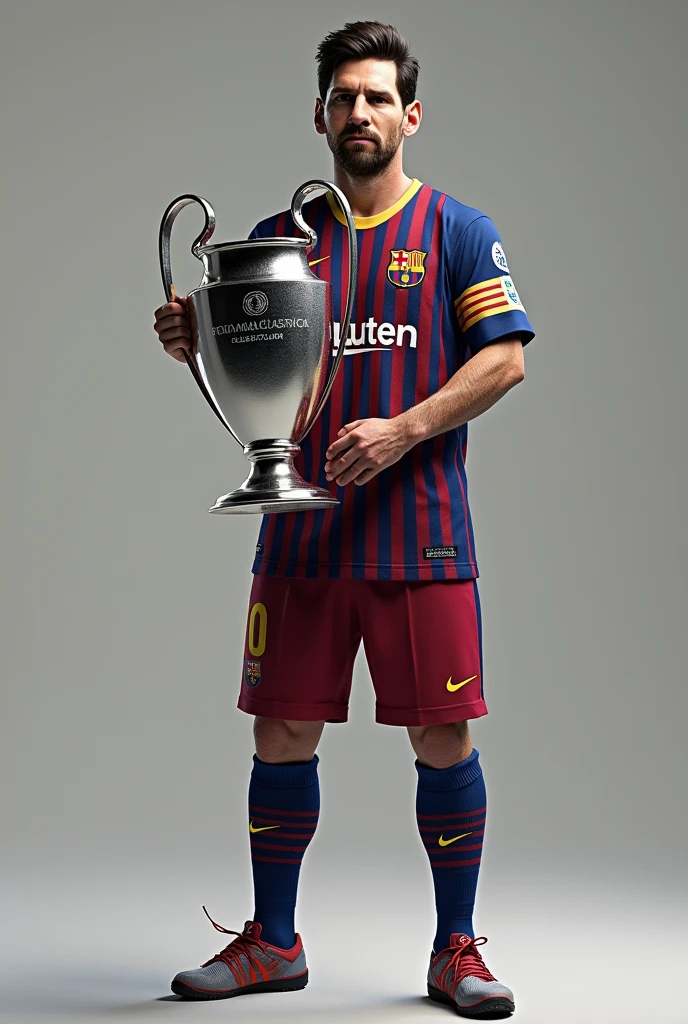 Lionel Messi model wearing Barcelona kit holding the UEFA Champions League trophy