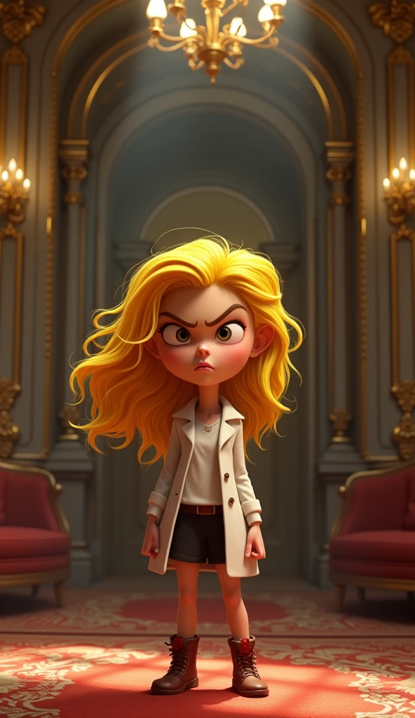  an angry girl with yellow hair at a fancy house, pixar style, cinematic, masterpiece, high-aesthetic 