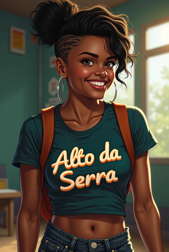 20 year old black woman with styled hair and undercut with black eyes, she is happy and spontaneous, a bit of a lesbian, she is also very sporty., excellent swimmer wearing a summer camp t-shirt that says Alto da Serra kind of dark academia dc comics style dc comics style 