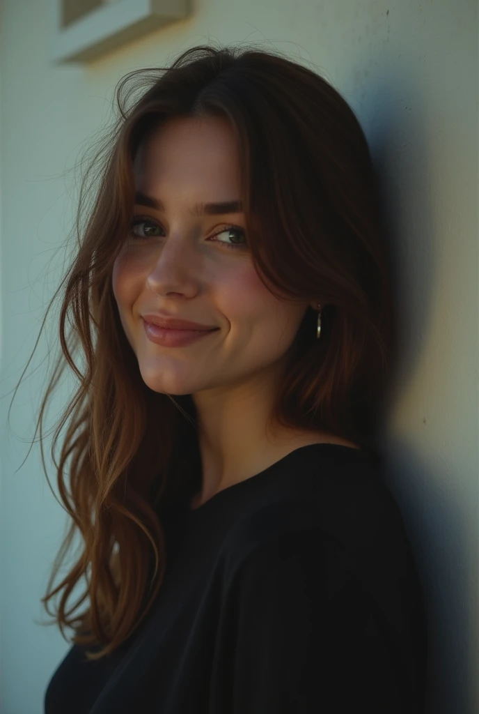 21 years girl, brown hair, smile, skinny face, white wall, no decoration, looking smiling in front of camera, photo from behind, at night, dark mood