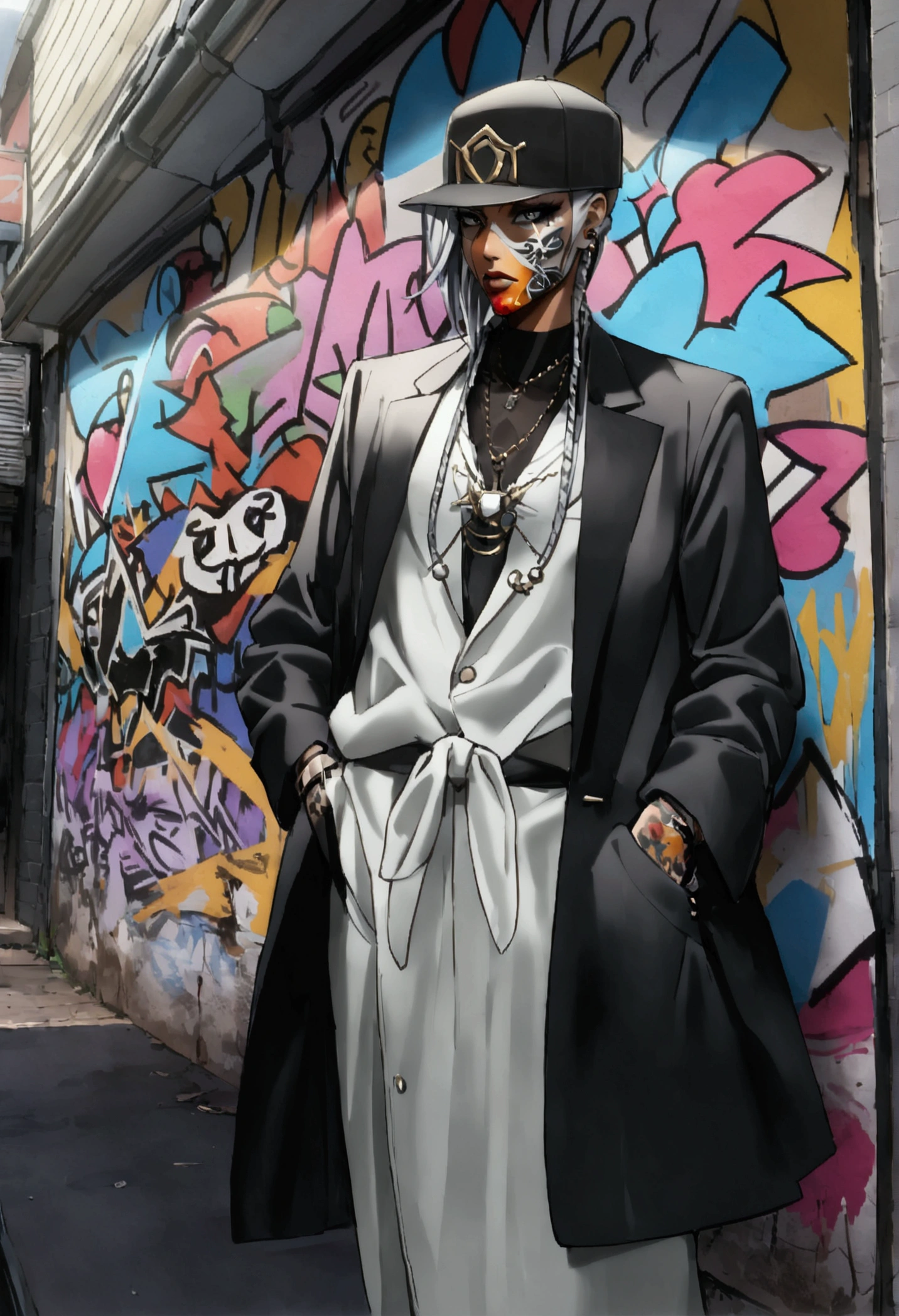 Un homme dans une ruelle、(Super détaillé)、(8k)、((Mode Hip-Hop))、(mur de graffitis)、(Esbian partout)、(Super détailléな顔)、(pieds détaillés)、(mains détaillées)、(visage cool)、(s&#39;accroupir)