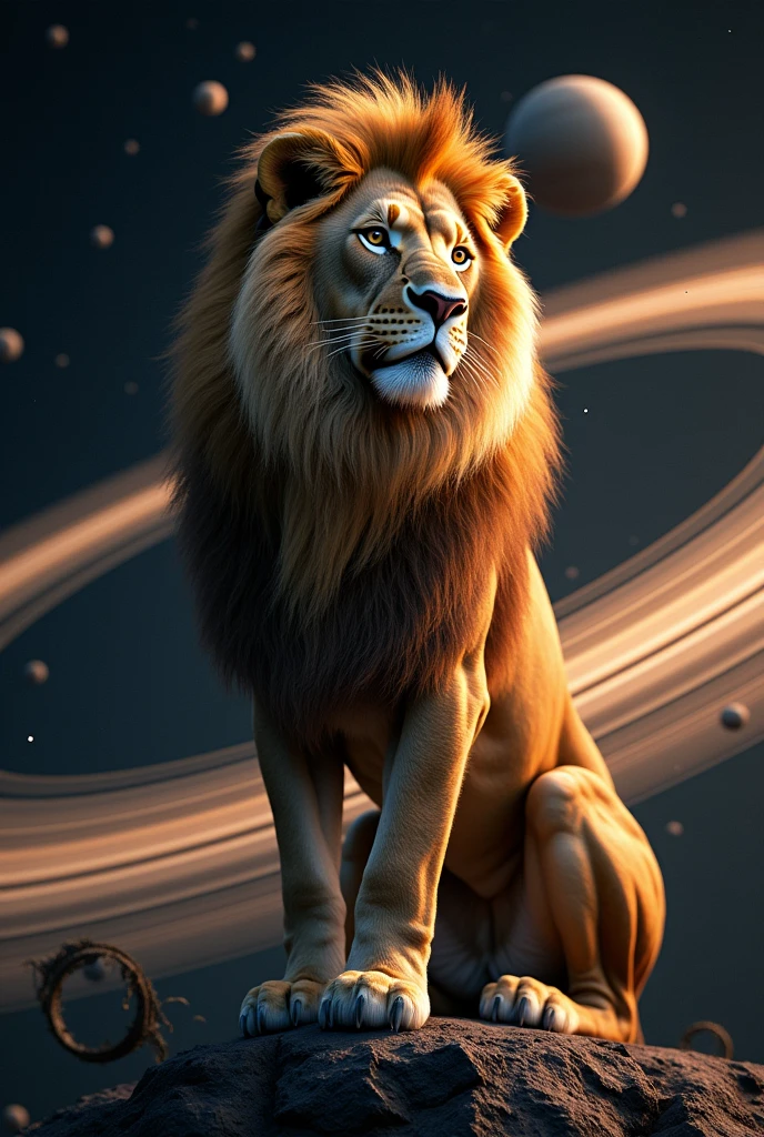 A lion sitting on rings of Saturn while listening to music through Apple airpods pro 2 and lion also had thought life classes on his eyes make it look real and aesthetic this is a work for a brand called TECHTRONIIXX so please add watermark of that company also