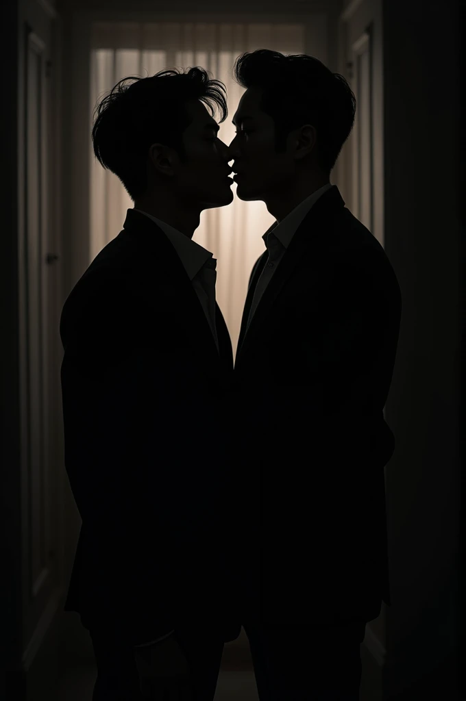 Peux-tu faire une image approchée de deux hommes d’apparence, coréens en train de se regarder romantiquement dans le noir, où on voit, que leur silhouette dans le noir, et même pas leur visage proche. Un homme avec des lèvres très pulpeuses, et envisageons et l’autre homme, comme un beau homme coréen