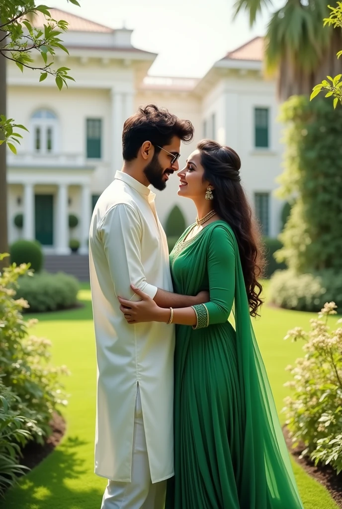 A scene where a thin boy of 22 years with light beard and thin hairs oblong sttucture thin face wearing glasses in white kurta teasing his wife of 19 years in green salwar suits in the middle of the garden of his mansion of white color