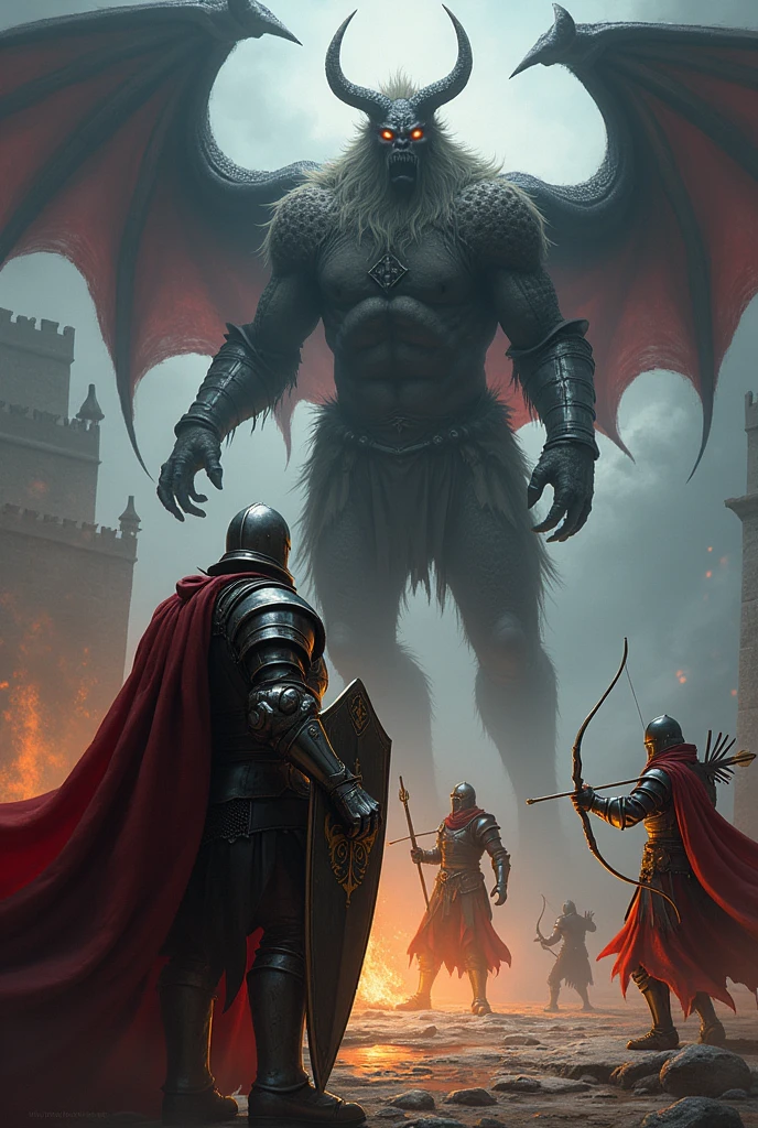 Create a medieval wallpaper with a Knight blocking a Demon, a ranged Archer attacking this Demon, a Mage with a rune in his hand and another Mage in the rear