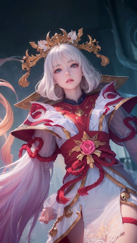 (Ultra Real), (Illustration), (High Resolution), (8K), (Very Detailed), (Best Illustration), (Beautiful Detailed Eyes), (Best Quality), (Super Detailed), (Masterpiece), (Wallpaper), (Detailed Face), Solo, (Dynamic Pose), One Girl, White Wavy Hair on the Bed, Losing Clothes, Japan Person, Iris Colored Eyes, (((Very Thin, Small and Short Night Dress)), Medium breasts, long legs, best ride of legs, (without panties), (without bra)