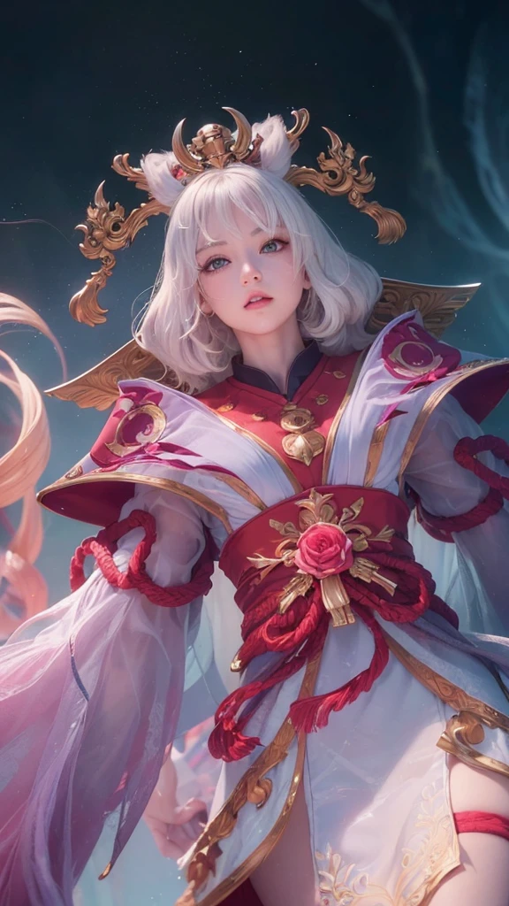 (Ultra Real), (Illustration), (High Resolution), (8K), (Very Detailed), (Best Illustration), (Beautiful Detailed Eyes), (Best Quality), (Super Detailed), (Masterpiece), (Wallpaper), (Detailed Face), Solo, (Dynamic Pose), One Girl, White Wavy Hair on the Bed, Losing Clothes, Japan Person, Iris Colored Eyes, (((Very Thin, Small and Short Night Dress)), Medium breasts, long legs, best ride of legs, (without panties), (without bra)