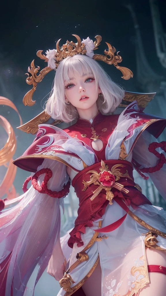 (Ultra Real), (Illustration), (High Resolution), (8K), (Very Detailed), (Best Illustration), (Beautiful Detailed Eyes), (Best Quality), (Super Detailed), (Masterpiece), (Wallpaper), (Detailed Face), Solo, (Dynamic Pose), One Girl, White Wavy Hair on the Bed, Losing Clothes, Japan Person, Iris Colored Eyes, (((Very Thin, Small and Short Night Dress)), Medium , long legs, best ride of legs, (without pantieshout bra)