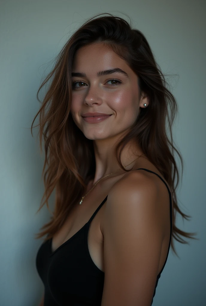 21 years girl, brown hair, smile, skinny face, white wall, no decoration, looking smiling in front of camera, photo from behind, at night, dark mood