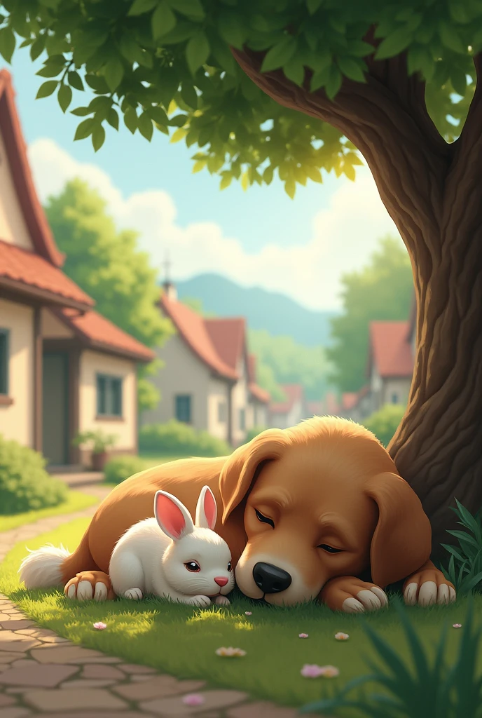 rabbit and big dog resting under tree in village