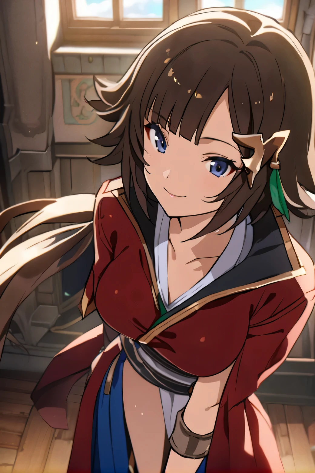 1girl, solo, leona \(granblue fantasy\), bedroom, looking at viewer, smile, full_shot, sirld, anime screencap, masterpiece, best quality,