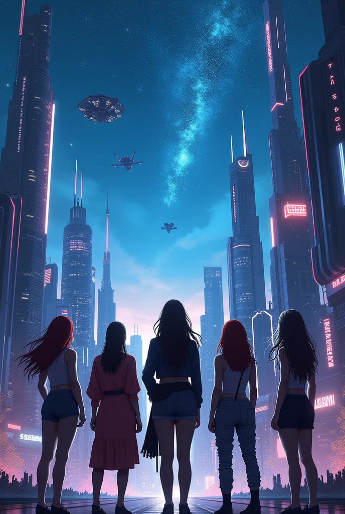 Beutiful city, like a cyber city, stars in sky ,girls standing 
