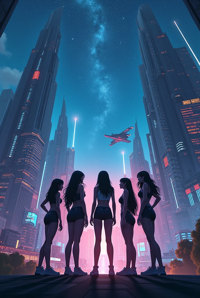 Beutiful city, like a cyber city, stars in sky ,girls standing 