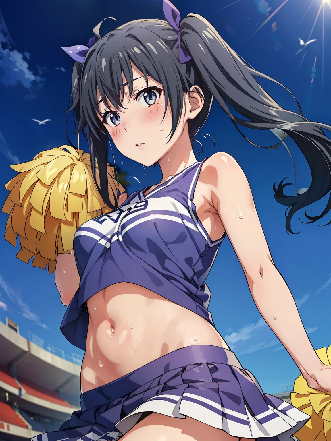 ((Highest quality, High resolution,  Perfect Pixel,  4K)),  (Beautiful Anime), 
Watching the audience, 
Perfect body, 

Yukinoshita Yukino、
Depth of written boundary、

cheerleader, pom pom \(cheerleading\), pleated skirt,

(blush、Sweat:1.3), Small breasts、
belly button、
Twin tails、
Outdoor、Wind、 
From below、