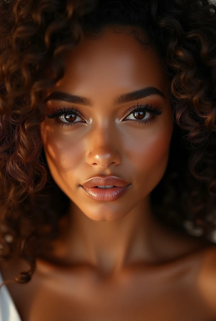 Young 1 Cuban-Italian mixed woman, high cheekbones, glamorous gaze, curly brown hair, long eyelashes, almond-shaped eyes, shiny look, studio lighting.