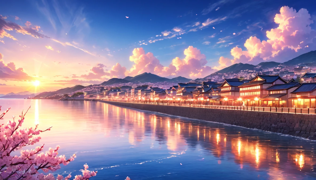 a beautiful sunset cityscape, a peaceful seaside promenade, a stunning ocean view, (best quality,4k,8k,highres,masterpiece:1.2),ultra-detailed,(realistic,photorealistic,photo-realistic:1.37),highly detailed, dramatic lighting, vivid colors, dramatic clouds, reflections in the water, blooming cherry blossoms, anime style, cinematic composition