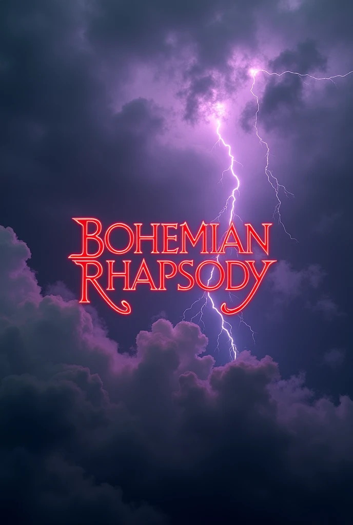 Image of gray clouds and thick purple thunder with "Bohemian Rhapsody" written in red on a black background