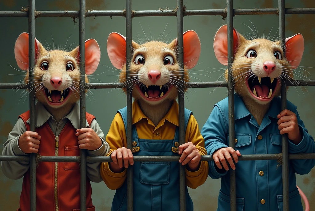 Several rats trapped, Behind the grid, working on a work routine, with a street sweeper&#39;s outfit, another in a mechanic&#39;s outfit and another in a cleaner&#39;s outfit, sobbing, work card in the background 