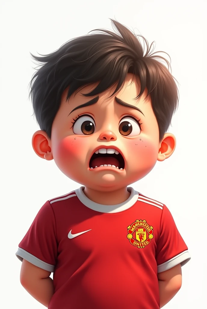 Illustration: A cute little chubby boy wearing a Manchester United shirt shows a sad expression in a funny, realistic style with a white background