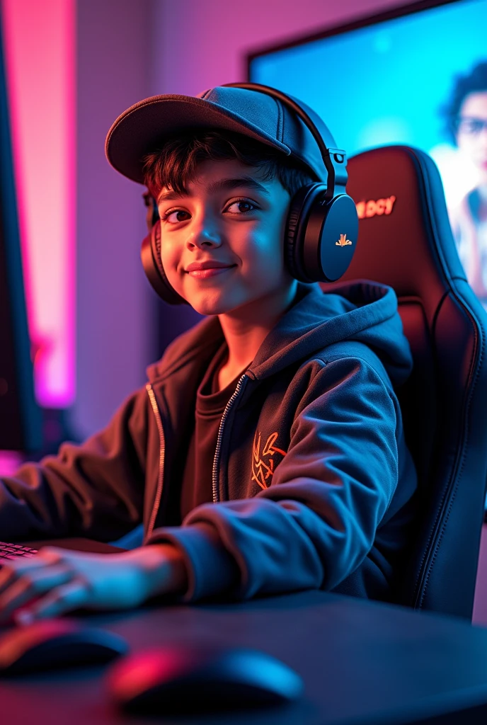 Boy wearing headphones in front of the face playing video games sitting in a gaming chair, dark background with purple details
