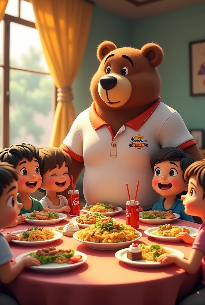 Children&#39;s day, happy, sitting at the table at the Madureira restaurant, being served with rice, bean, crisp , meat and salad and coca cola and various sweets for dessert. Being served by the strong adult bear anime 3d wearing a polo shirt with the word Madureira restaurant written on it.